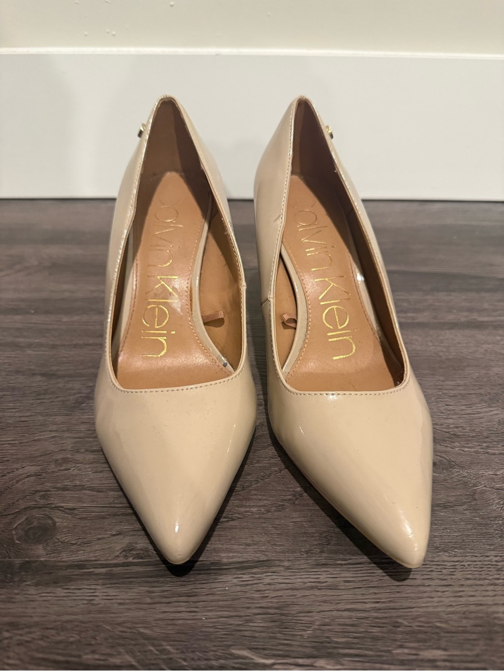 Calvin Klein Beige Patent Pointed-Toe Pumps